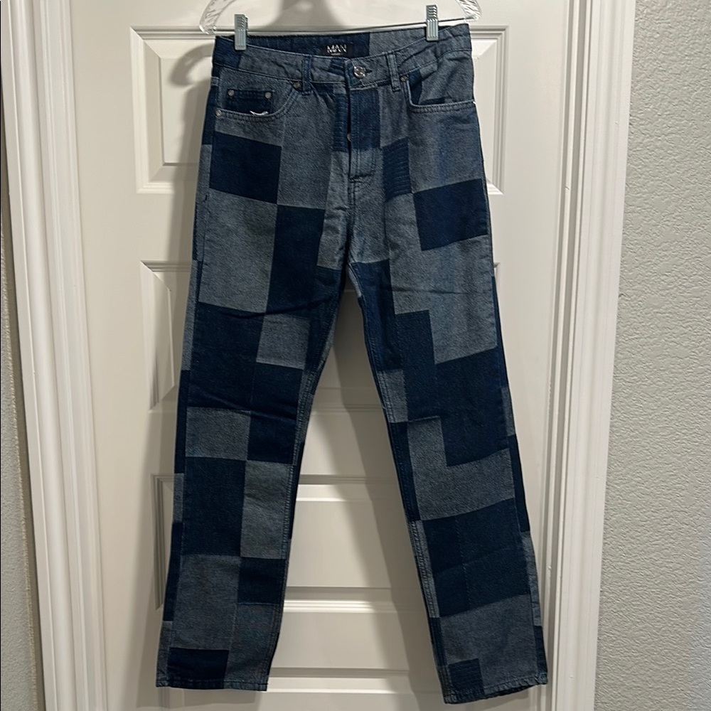 Boohoo Man Men's Patchwork Jeans - Dark Blue and Gray. NWT